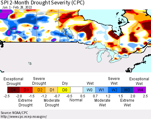 Canada SPI 2-Month Drought Severity (CPC) Thematic Map For 1/1/2022 - 2/28/2022