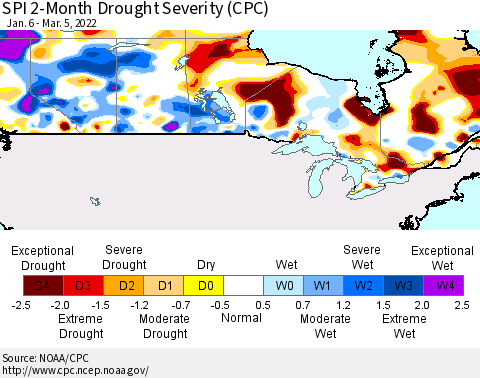 Canada SPI 2-Month Drought Severity (CPC) Thematic Map For 1/6/2022 - 3/5/2022