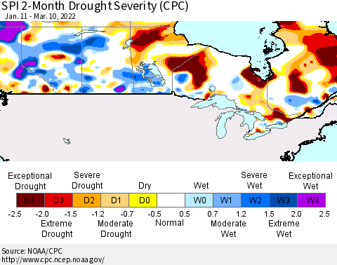 Canada SPI 2-Month Drought Severity (CPC) Thematic Map For 1/11/2022 - 3/10/2022