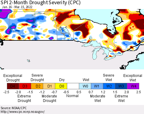Canada SPI 2-Month Drought Severity (CPC) Thematic Map For 1/16/2022 - 3/15/2022