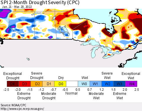 Canada SPI 2-Month Drought Severity (CPC) Thematic Map For 1/21/2022 - 3/20/2022