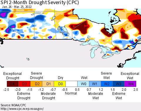Canada SPI 2-Month Drought Severity (CPC) Thematic Map For 1/26/2022 - 3/25/2022