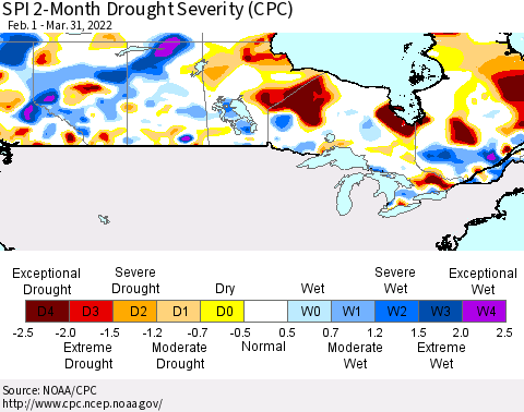 Canada SPI 2-Month Drought Severity (CPC) Thematic Map For 2/1/2022 - 3/31/2022