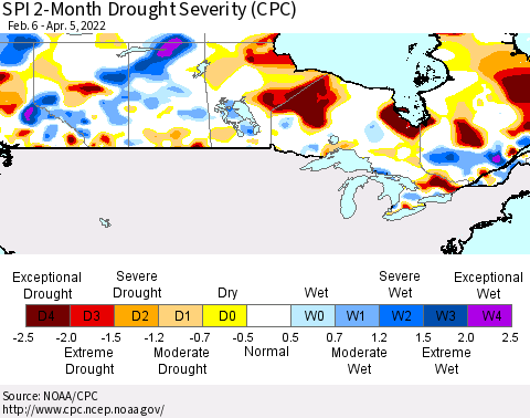 Canada SPI 2-Month Drought Severity (CPC) Thematic Map For 2/6/2022 - 4/5/2022