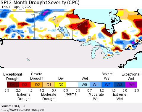 Canada SPI 2-Month Drought Severity (CPC) Thematic Map For 2/11/2022 - 4/10/2022