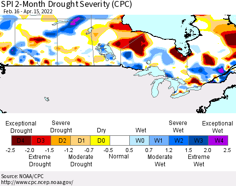 Canada SPI 2-Month Drought Severity (CPC) Thematic Map For 2/16/2022 - 4/15/2022