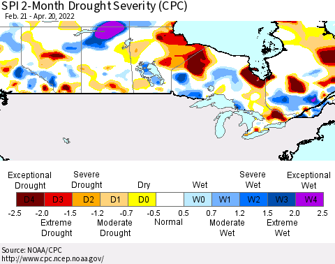 Canada SPI 2-Month Drought Severity (CPC) Thematic Map For 2/21/2022 - 4/20/2022