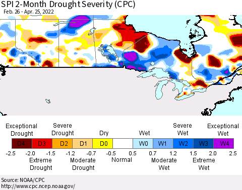 Canada SPI 2-Month Drought Severity (CPC) Thematic Map For 2/26/2022 - 4/25/2022