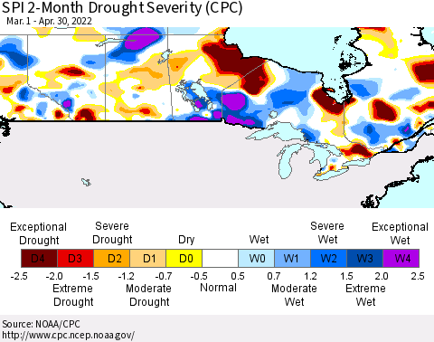 Canada SPI 2-Month Drought Severity (CPC) Thematic Map For 3/1/2022 - 4/30/2022