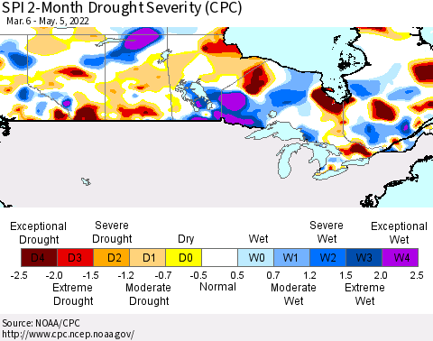 Canada SPI 2-Month Drought Severity (CPC) Thematic Map For 3/6/2022 - 5/5/2022