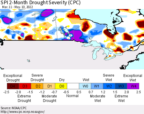 Canada SPI 2-Month Drought Severity (CPC) Thematic Map For 3/11/2022 - 5/10/2022