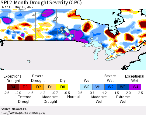 Canada SPI 2-Month Drought Severity (CPC) Thematic Map For 3/16/2022 - 5/15/2022