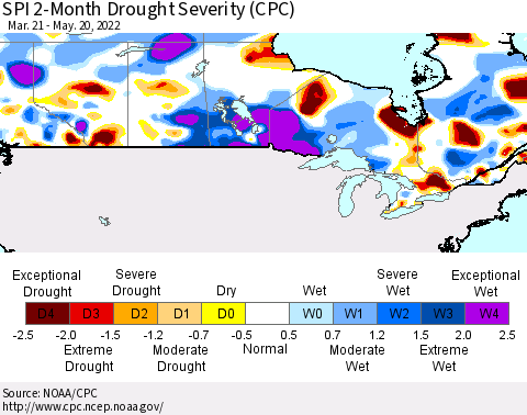 Canada SPI 2-Month Drought Severity (CPC) Thematic Map For 3/21/2022 - 5/20/2022