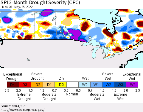 Canada SPI 2-Month Drought Severity (CPC) Thematic Map For 3/26/2022 - 5/25/2022