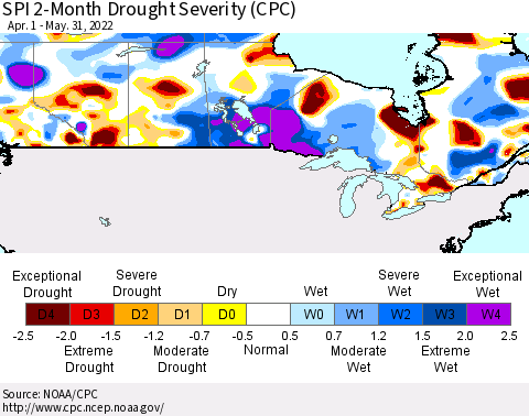 Canada SPI 2-Month Drought Severity (CPC) Thematic Map For 4/1/2022 - 5/31/2022