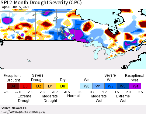 Canada SPI 2-Month Drought Severity (CPC) Thematic Map For 4/6/2022 - 6/5/2022
