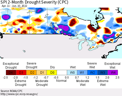 Canada SPI 2-Month Drought Severity (CPC) Thematic Map For 4/11/2022 - 6/10/2022