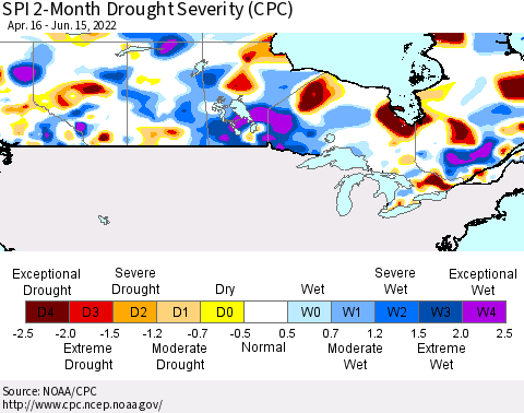 Canada SPI 2-Month Drought Severity (CPC) Thematic Map For 4/16/2022 - 6/15/2022