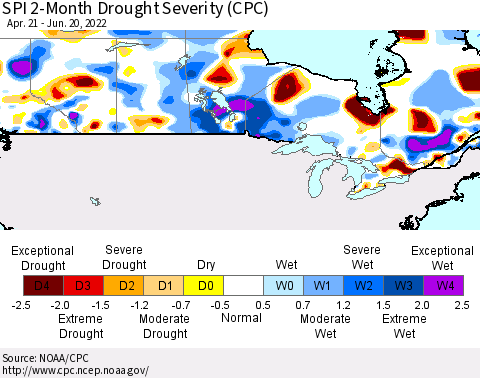 Canada SPI 2-Month Drought Severity (CPC) Thematic Map For 4/21/2022 - 6/20/2022