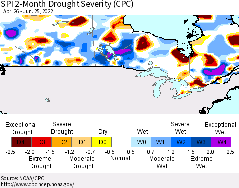 Canada SPI 2-Month Drought Severity (CPC) Thematic Map For 4/26/2022 - 6/25/2022