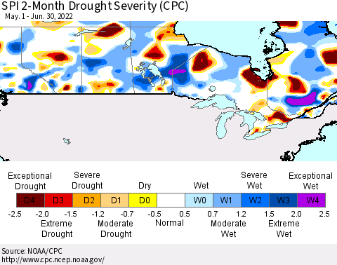 Canada SPI 2-Month Drought Severity (CPC) Thematic Map For 5/1/2022 - 6/30/2022