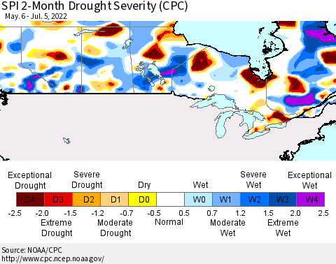 Canada SPI 2-Month Drought Severity (CPC) Thematic Map For 5/6/2022 - 7/5/2022