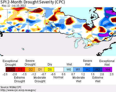 Canada SPI 2-Month Drought Severity (CPC) Thematic Map For 5/11/2022 - 7/10/2022