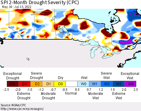 Canada SPI 2-Month Drought Severity (CPC) Thematic Map For 5/16/2022 - 7/15/2022