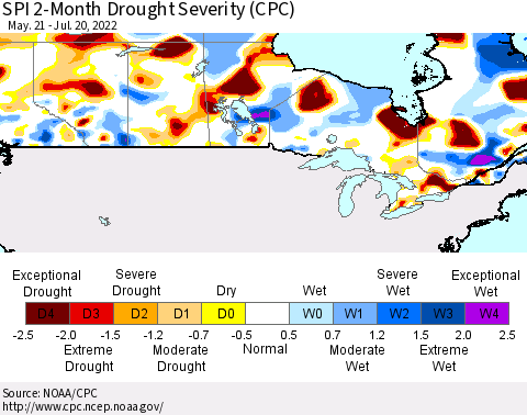 Canada SPI 2-Month Drought Severity (CPC) Thematic Map For 5/21/2022 - 7/20/2022