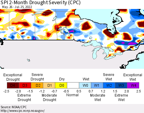 Canada SPI 2-Month Drought Severity (CPC) Thematic Map For 5/26/2022 - 7/25/2022
