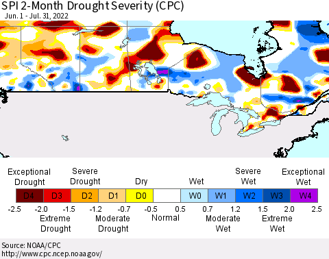 Canada SPI 2-Month Drought Severity (CPC) Thematic Map For 6/1/2022 - 7/31/2022