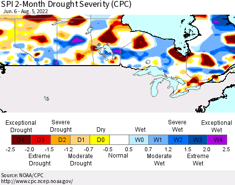 Canada SPI 2-Month Drought Severity (CPC) Thematic Map For 6/6/2022 - 8/5/2022