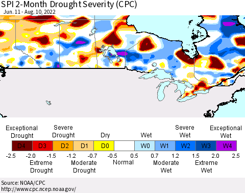 Canada SPI 2-Month Drought Severity (CPC) Thematic Map For 6/11/2022 - 8/10/2022