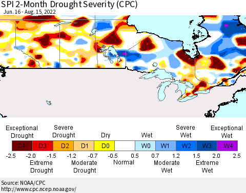 Canada SPI 2-Month Drought Severity (CPC) Thematic Map For 6/16/2022 - 8/15/2022