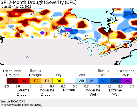 Canada SPI 2-Month Drought Severity (CPC) Thematic Map For 6/21/2022 - 8/20/2022