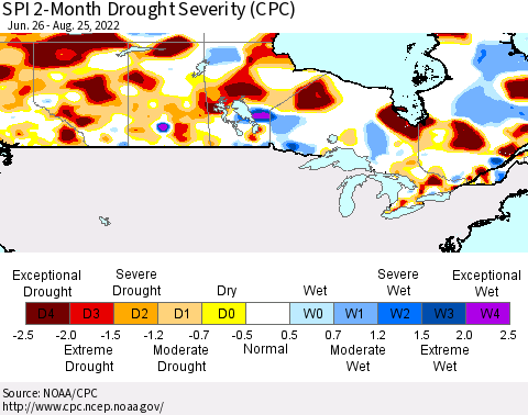 Canada SPI 2-Month Drought Severity (CPC) Thematic Map For 6/26/2022 - 8/25/2022