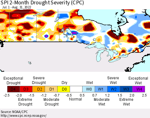 Canada SPI 2-Month Drought Severity (CPC) Thematic Map For 7/1/2022 - 8/31/2022