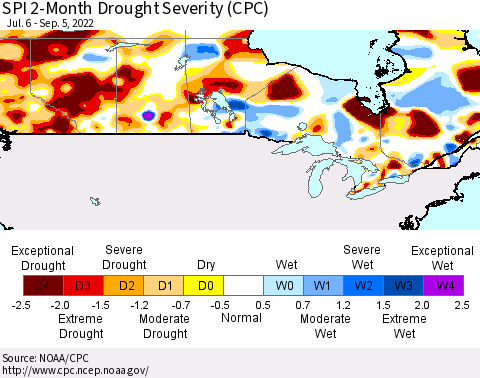 Canada SPI 2-Month Drought Severity (CPC) Thematic Map For 7/6/2022 - 9/5/2022