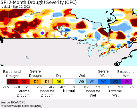 Canada SPI 2-Month Drought Severity (CPC) Thematic Map For 7/11/2022 - 9/10/2022