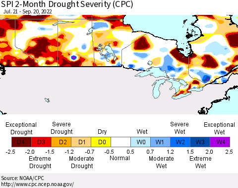 Canada SPI 2-Month Drought Severity (CPC) Thematic Map For 7/21/2022 - 9/20/2022