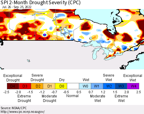 Canada SPI 2-Month Drought Severity (CPC) Thematic Map For 7/26/2022 - 9/25/2022
