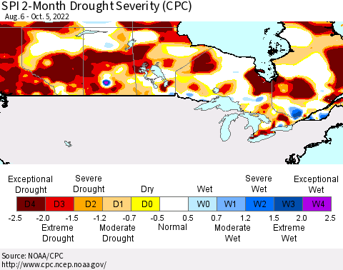 Canada SPI 2-Month Drought Severity (CPC) Thematic Map For 8/6/2022 - 10/5/2022