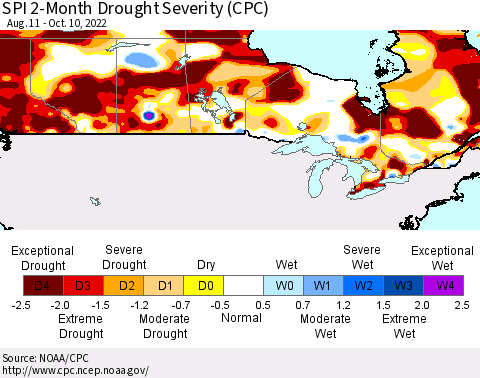 Canada SPI 2-Month Drought Severity (CPC) Thematic Map For 8/11/2022 - 10/10/2022