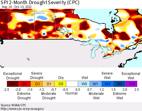 Canada SPI 2-Month Drought Severity (CPC) Thematic Map For 8/16/2022 - 10/15/2022