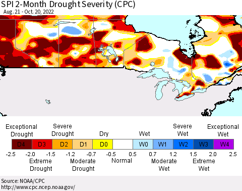 Canada SPI 2-Month Drought Severity (CPC) Thematic Map For 8/21/2022 - 10/20/2022