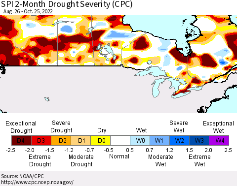 Canada SPI 2-Month Drought Severity (CPC) Thematic Map For 8/26/2022 - 10/25/2022