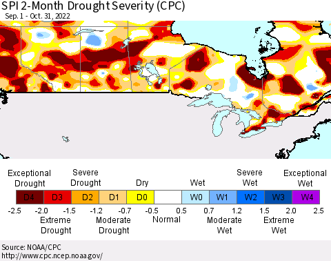Canada SPI 2-Month Drought Severity (CPC) Thematic Map For 9/1/2022 - 10/31/2022