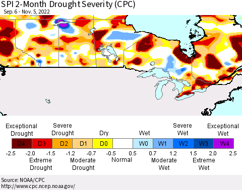Canada SPI 2-Month Drought Severity (CPC) Thematic Map For 9/6/2022 - 11/5/2022