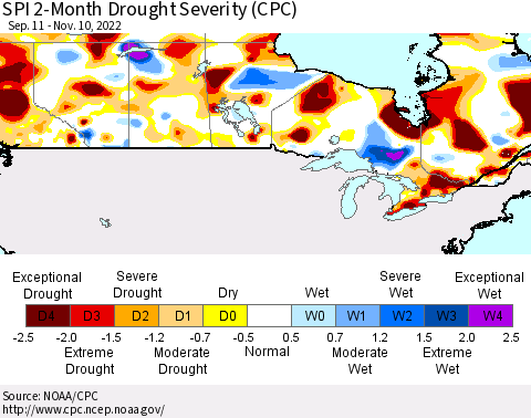Canada SPI 2-Month Drought Severity (CPC) Thematic Map For 9/11/2022 - 11/10/2022