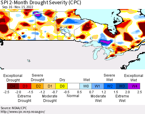 Canada SPI 2-Month Drought Severity (CPC) Thematic Map For 9/16/2022 - 11/15/2022